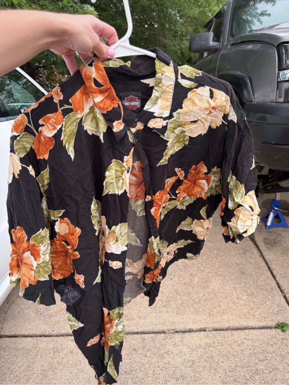 Harley-Davidson Black Orange and Cream Floral Camp Shirt(runs small)